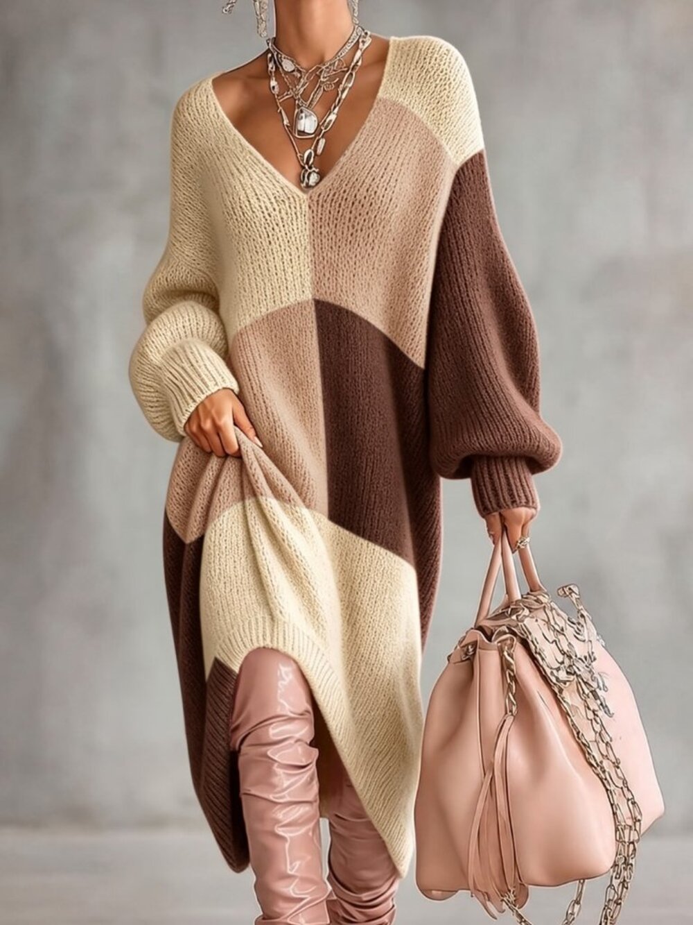 Khaki & Brown Casual Women's Rib-Knit Oversized V-Neck Dress